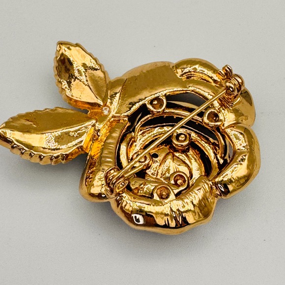 Mens Red Crystal Rose Lapel Brooch Gold Tone Green Leaf Rhinestone Statement Pin - Picture 4 of 8